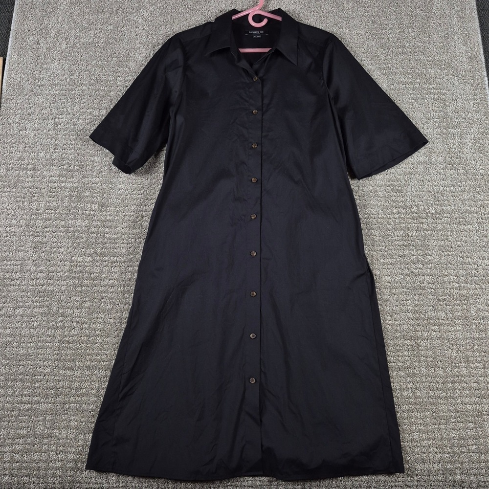Lafayette 148 New York Dress Women M Black Midi Button Down Shirtdress Short Slv